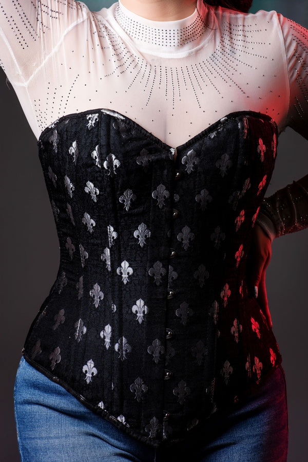 Silk Overbust Corset; Black & Silver Fleur de Lis
