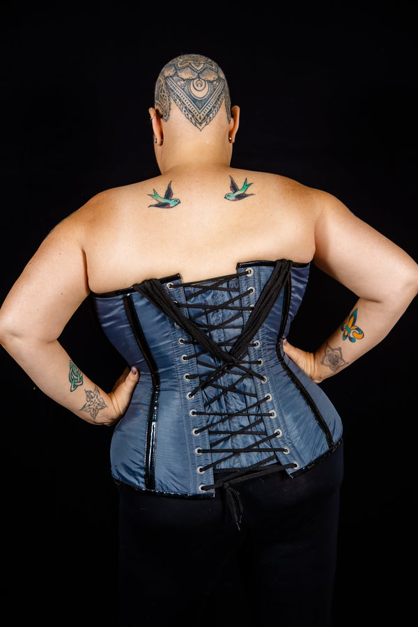 Silk Overbust Corset; Curvy Canvas in Grey with Black Overbust
