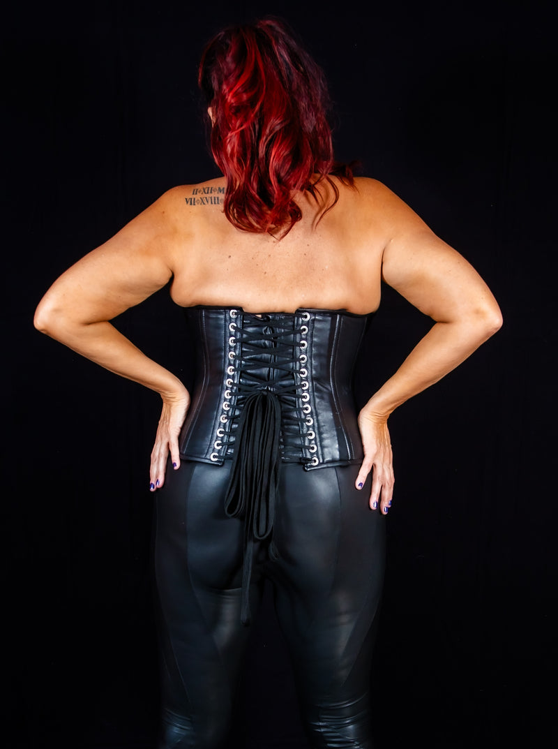 Leather Overbust Corset; D Rings with a removable Neck Piece in all Black