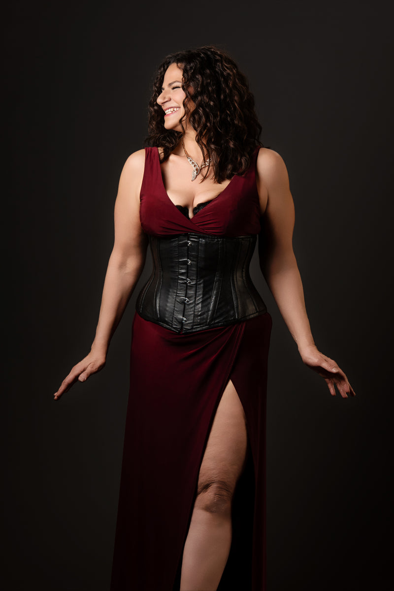 Leather Underbust Cincher; Striped in Black on Black