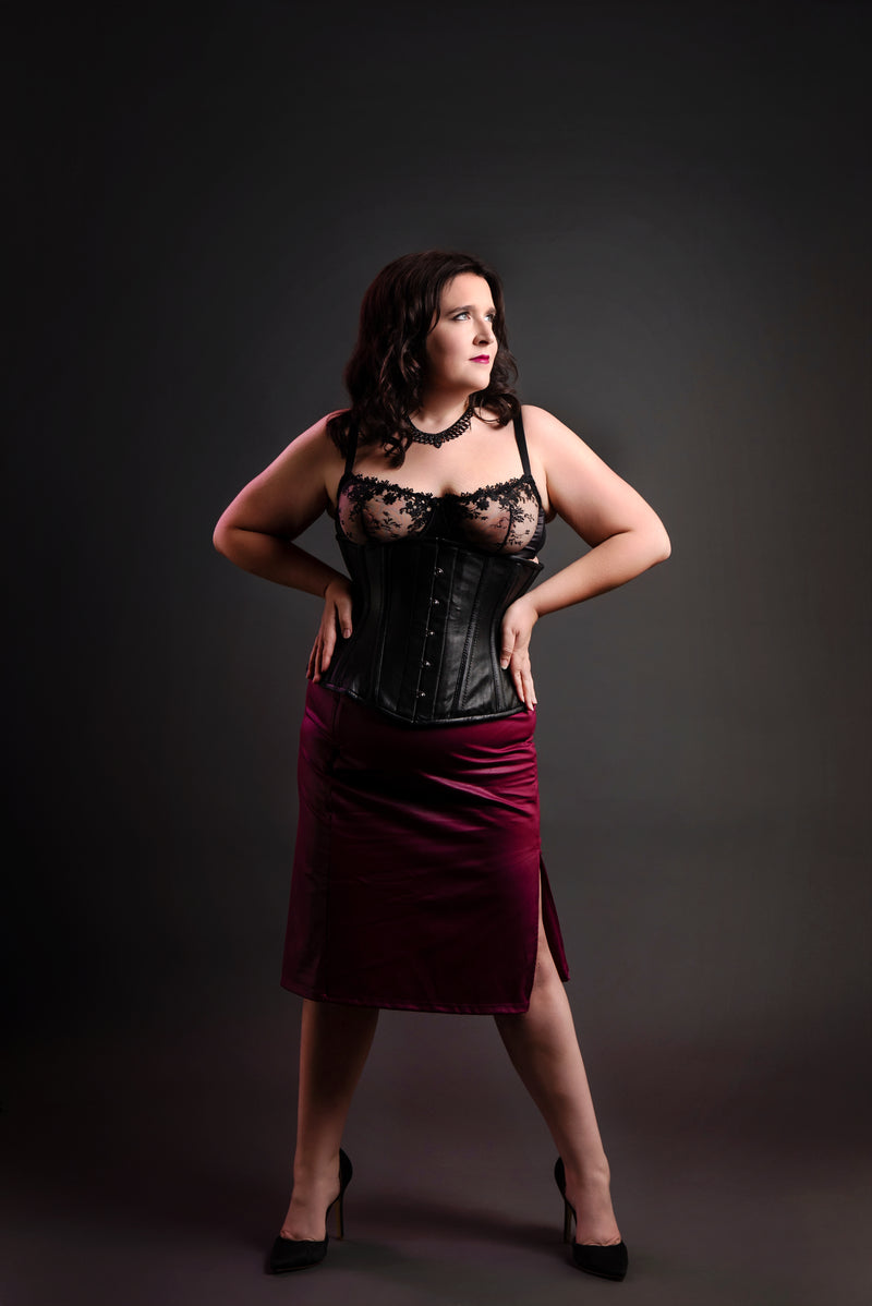 Leather Underbust Cincher; Striped in Black on Black