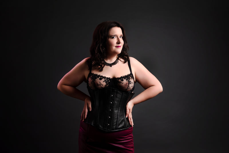 Leather Underbust Cincher; Striped in Black on Black