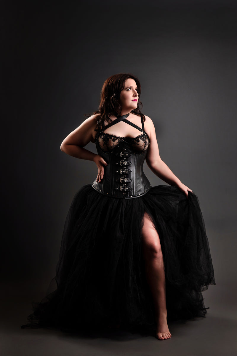 Leather Underbust Corset; Buckle Halter in Black
