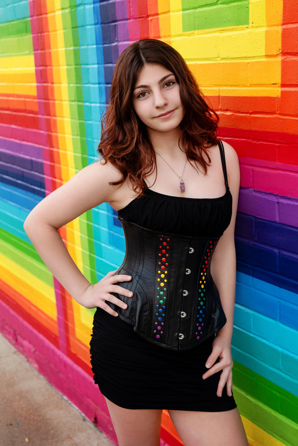 Leather Underbust Corset; Studded Rainbow