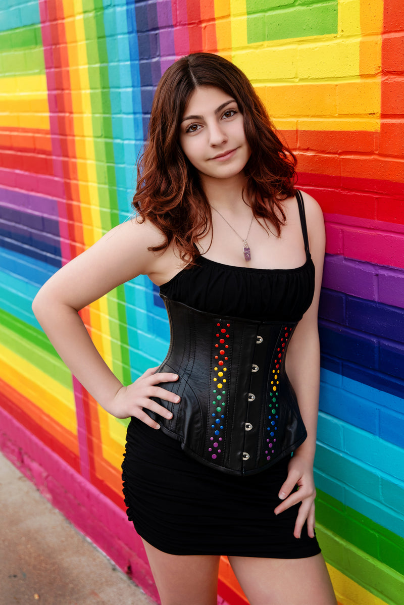 Leather Underbust Corset; Studded Rainbow
