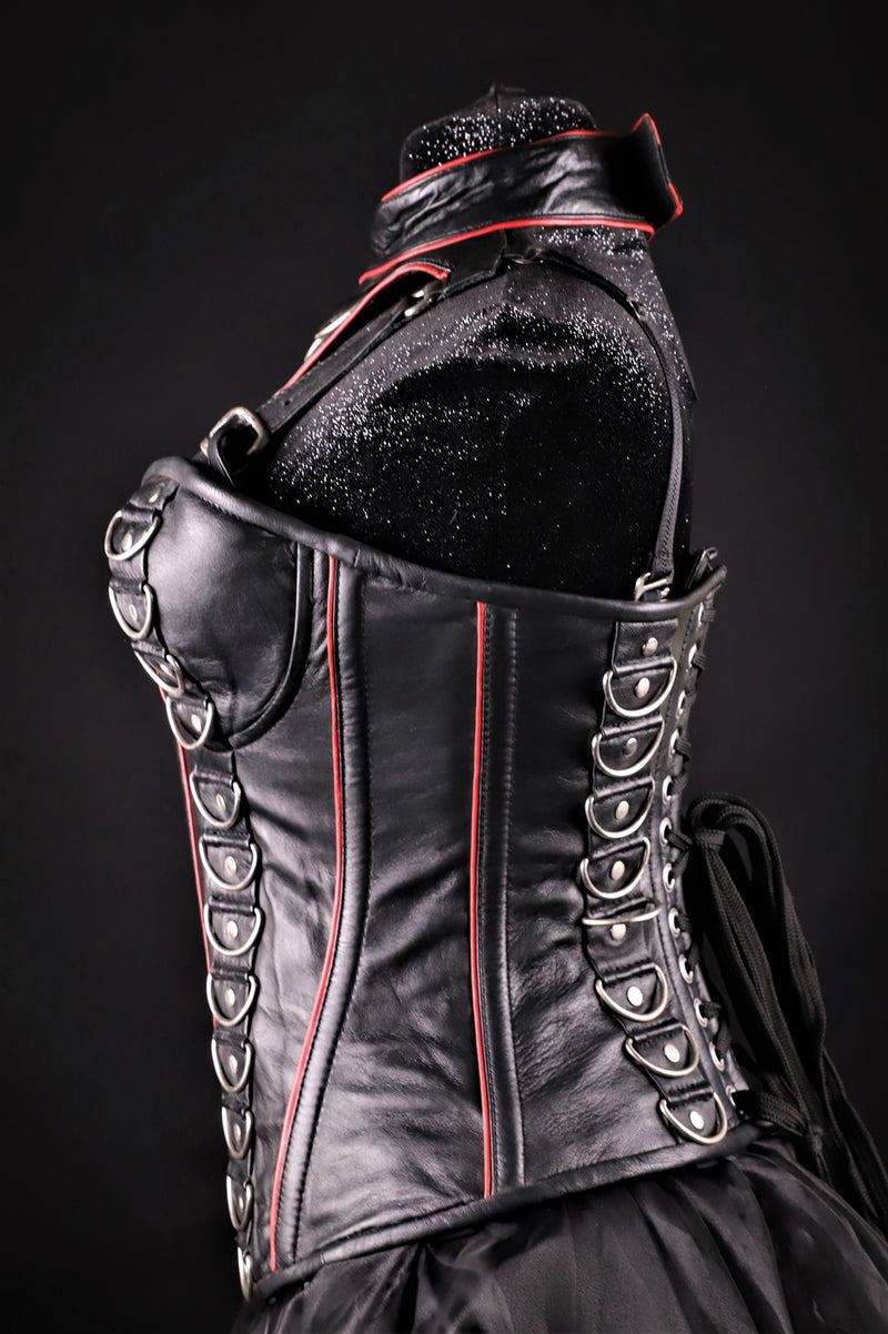 Leather Black D-Ring With Red Piping And Collar Overbust