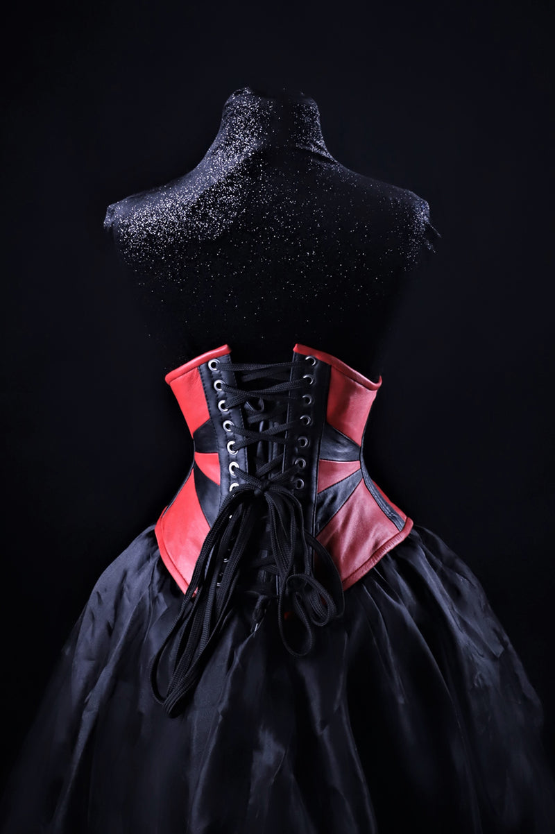 Geometric Black And Red Leather Underbust Corset