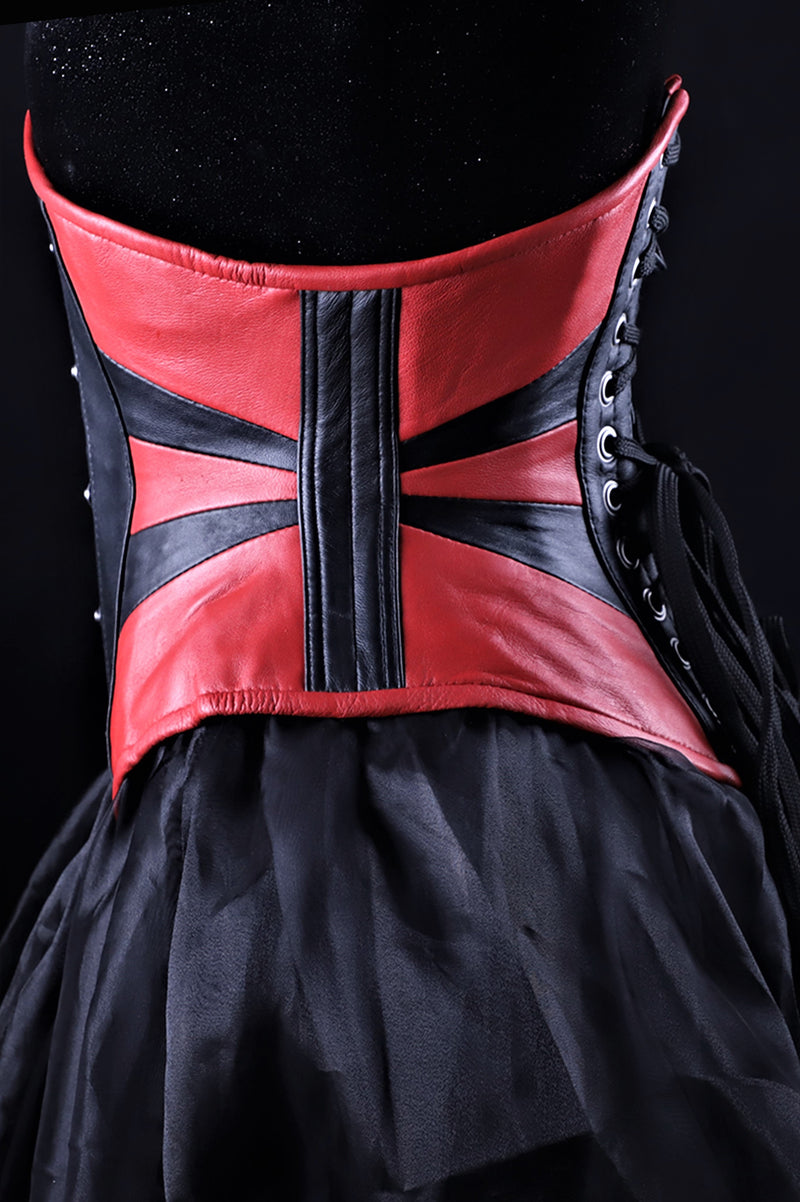 Geometric Black And Red Leather Underbust Corset