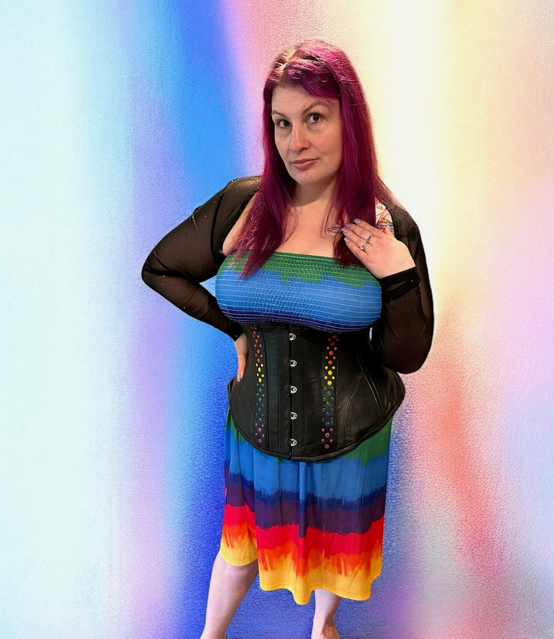 Leather Underbust Corset; Studded Rainbow Underbust