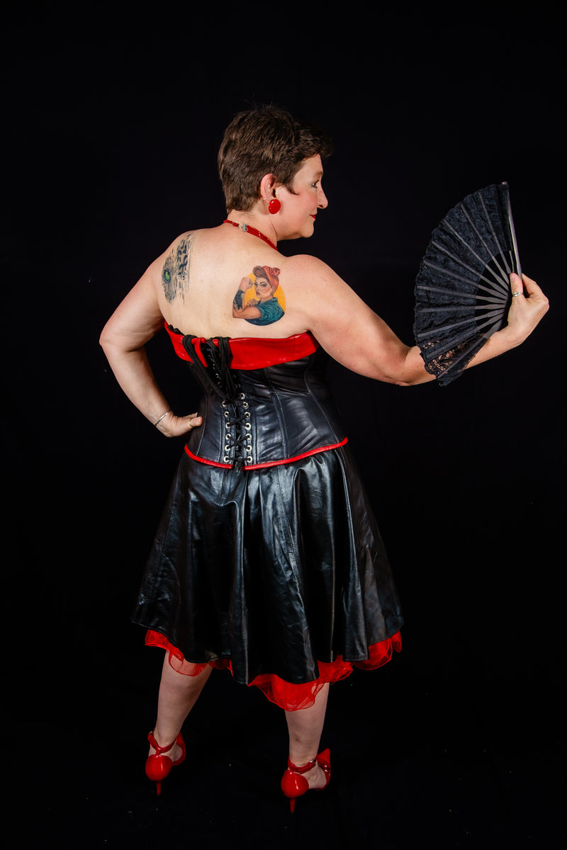 Leather Overbust Corset; Pin-Up Girl in Black with Red