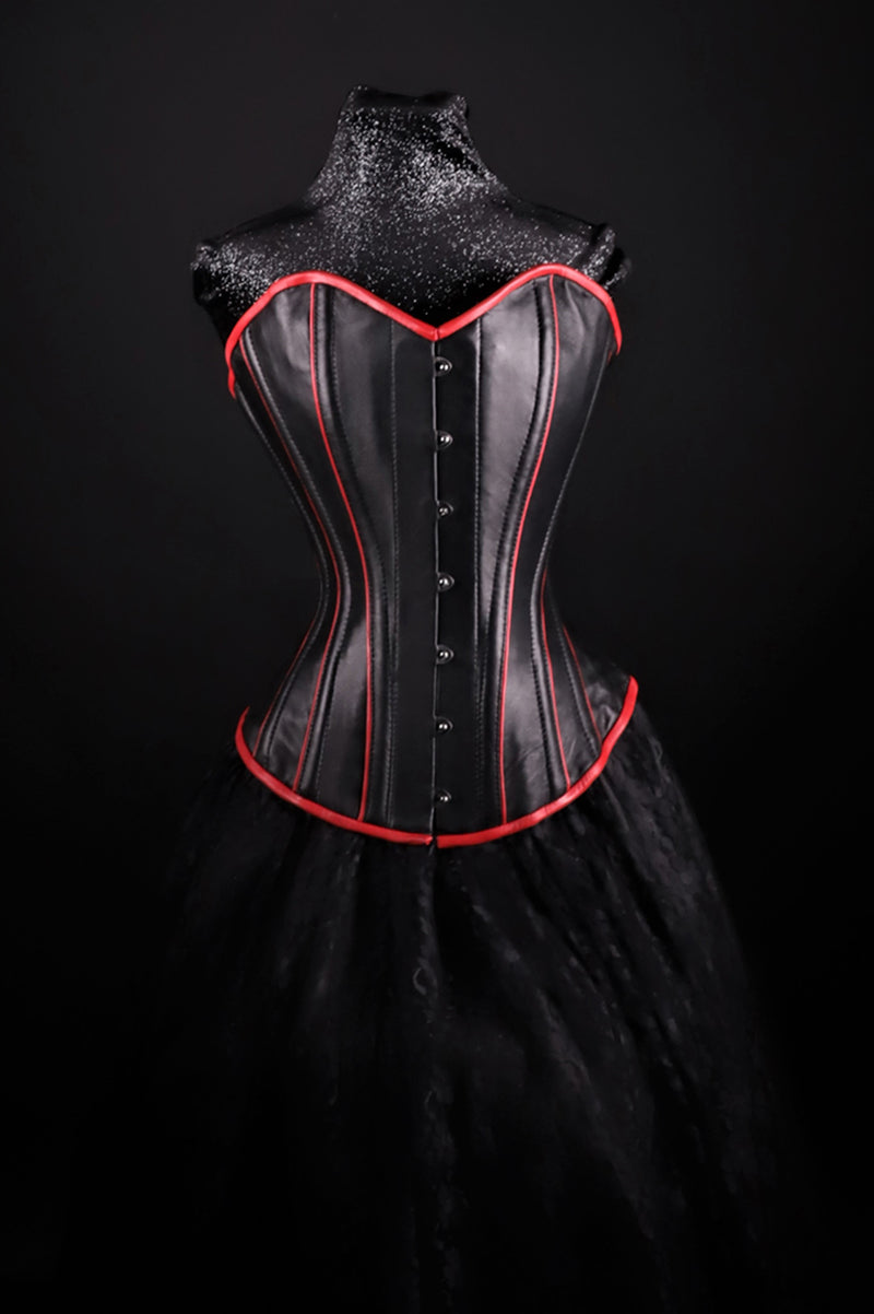 Piping Leather Corset Black W/ Red Overbust