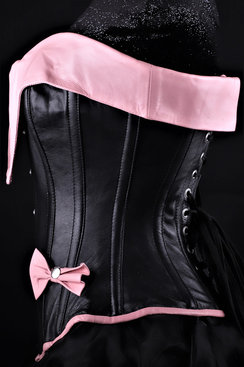 Pin-Up Girl Black And Pink Leather Corset Overbust