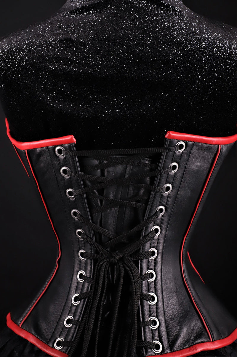 Piping Leather Corset Black W/ Red Overbust
