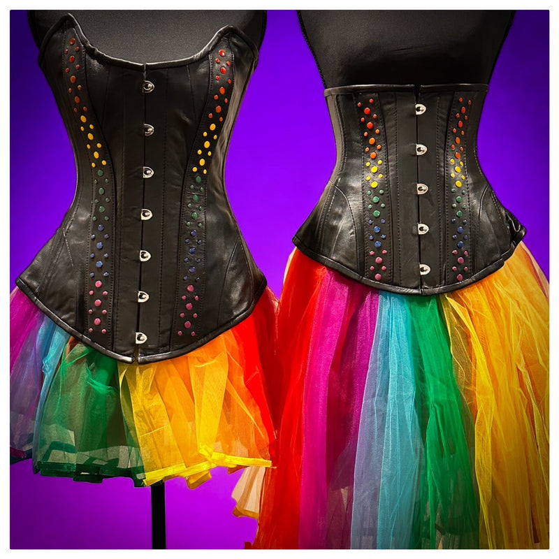 Leather Underbust Corset; Studded Rainbow Underbust