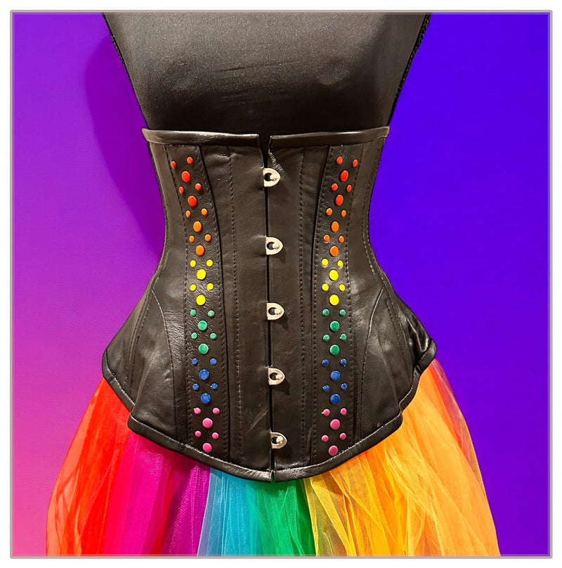 Leather Underbust Corset; Studded Rainbow Underbust