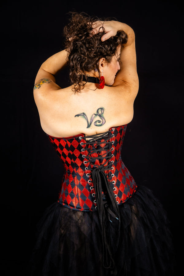 Silk Overbust Corset; Harlequin in Black & Red Overbust