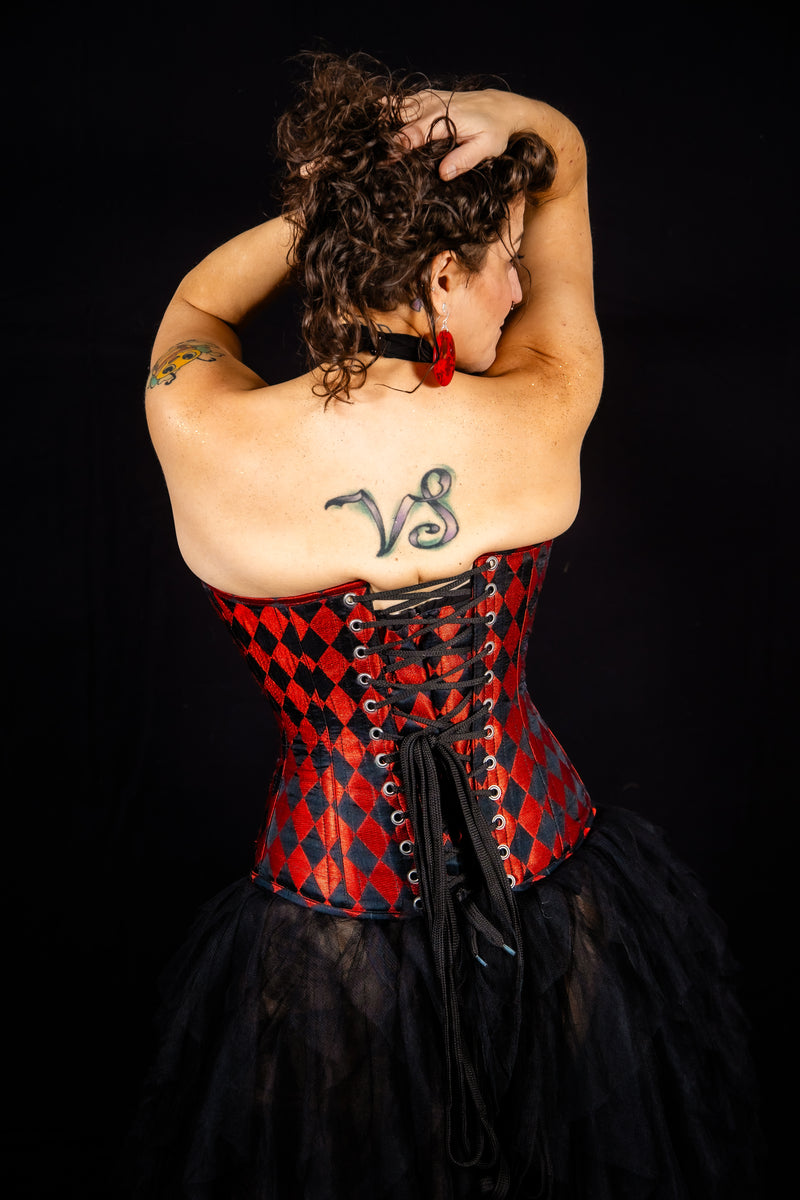 Silk Overbust Corset; Harlequin in Black & Red