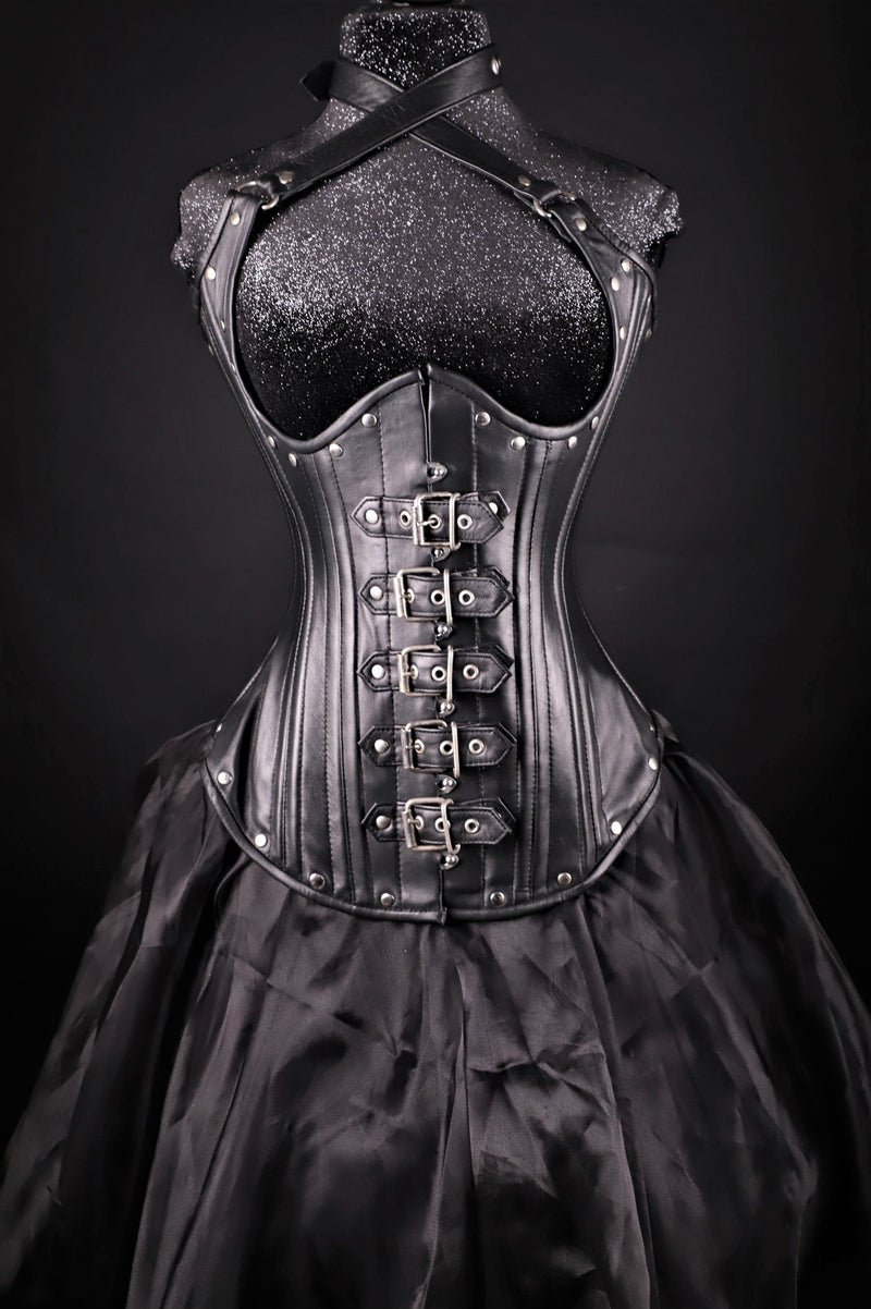 Buckle Halter Black Leather Corset Underbust
