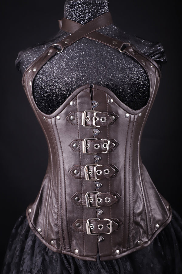 Leather Underbust Cincher BUCKLE HALTER Brown