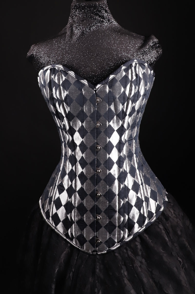 Silk Overbust - Harlequin, Black & Silver